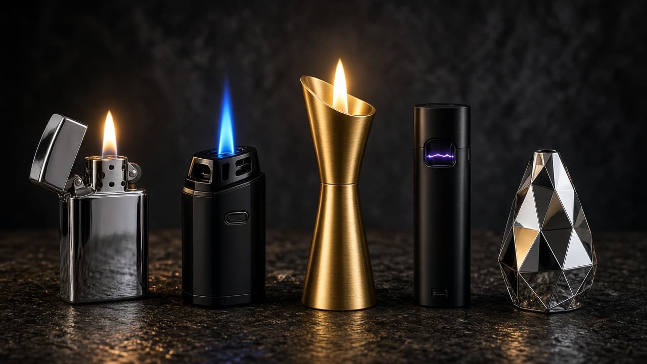 A row of soft flame, jet, gold, electric, and novelty lighters